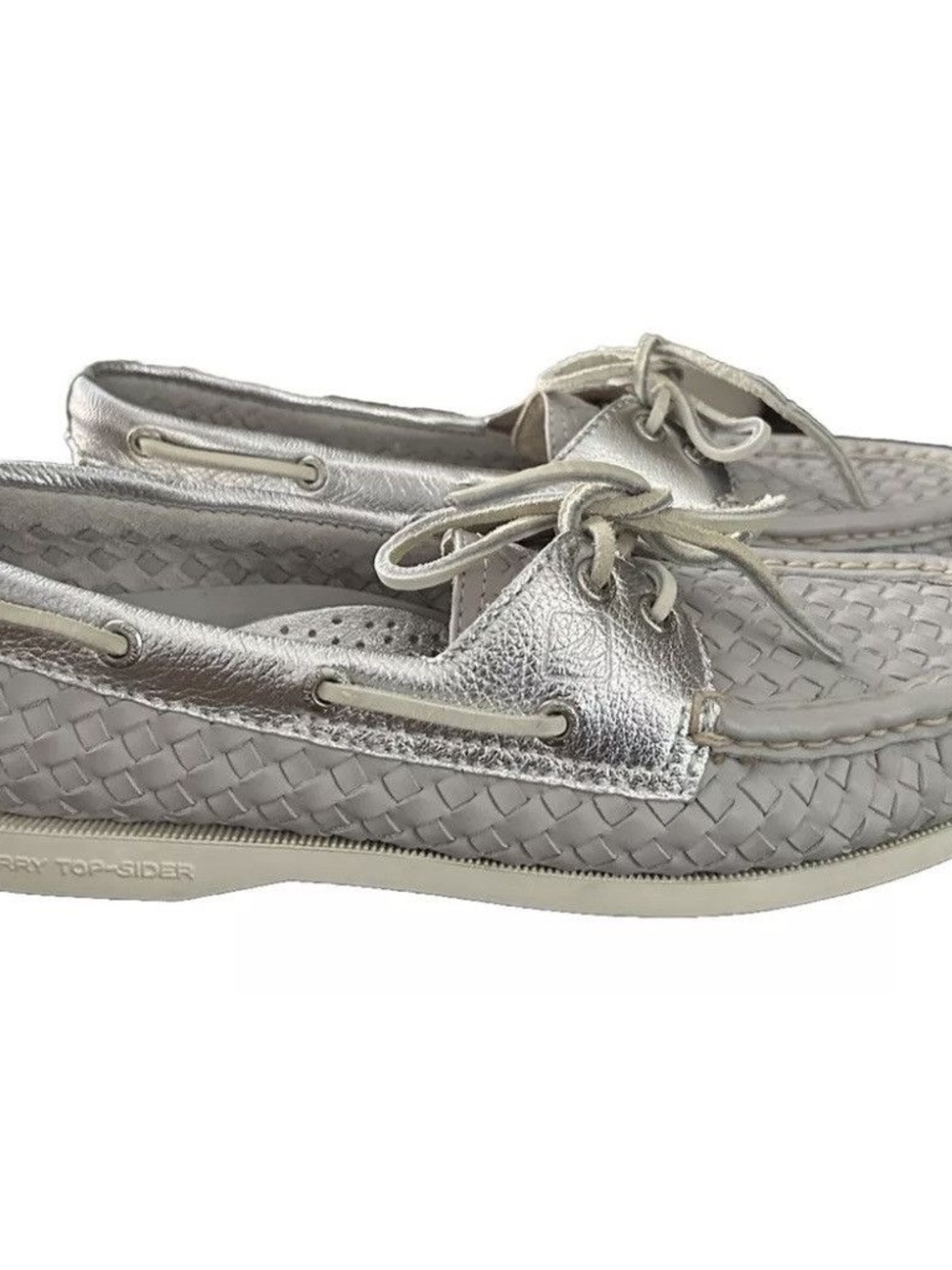Sperry Silver & Grey Woven Leather Boat Shoes - Picture 2 of 8